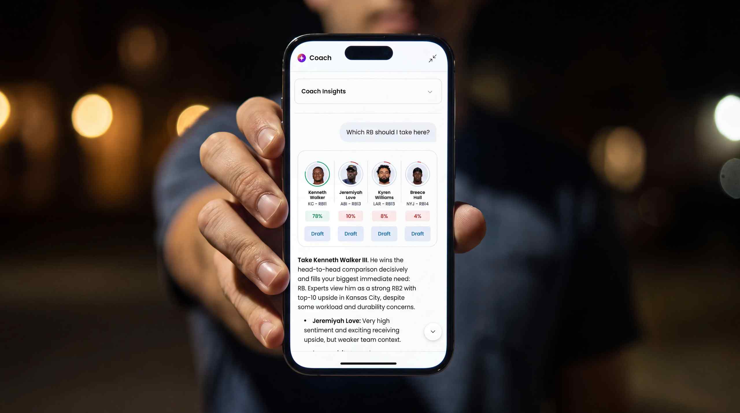 AI fantasy app with coach insights on a smartphone